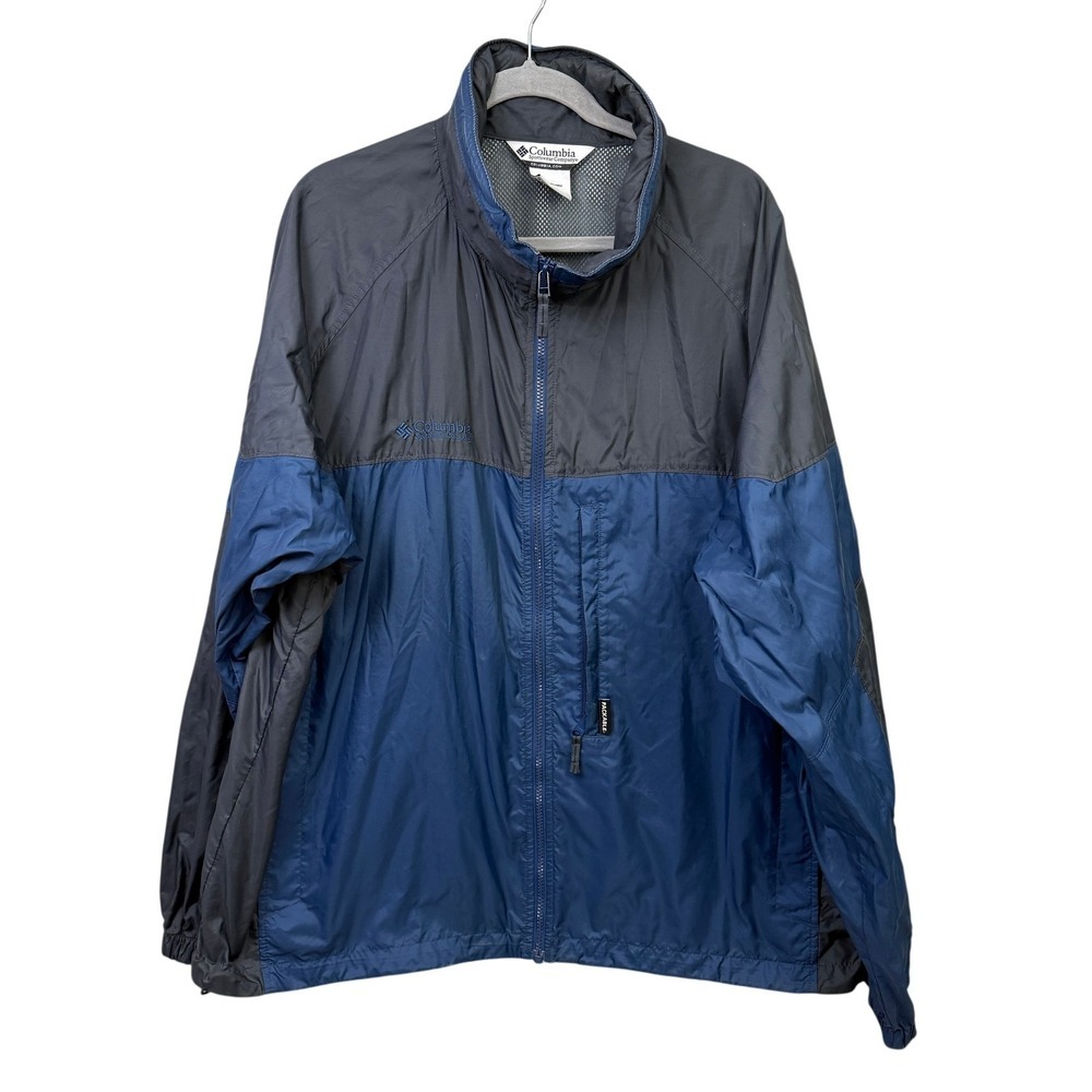 Columbia Men's XL Windbreaker Jacket Packable Hood Zip Activewear Blue Gray